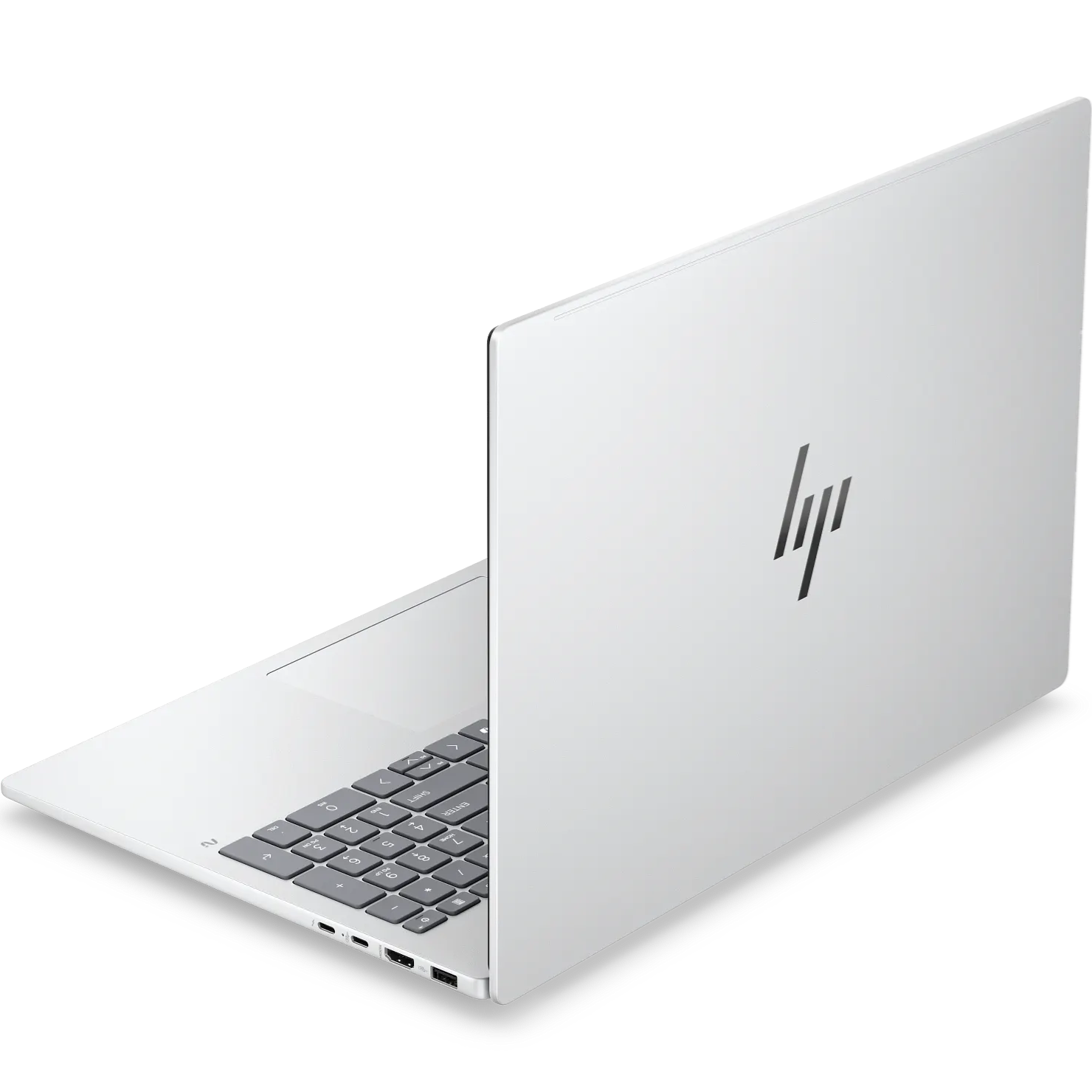 Rear-left angled perspective of the open laptop in silver, showing the clean lid surface with the metallic HP logo and the keyboard layout.