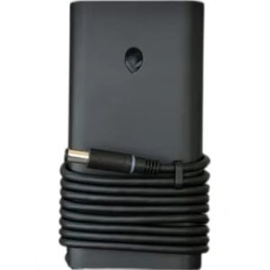 Top perspective view of the matte black Alienware 240W AC power adapter brick featuring the iconic Alienware head logo casing, wrapped output cable, and a 7.4x5.0mm barrel connector plug with an integrated LED ring indicator.