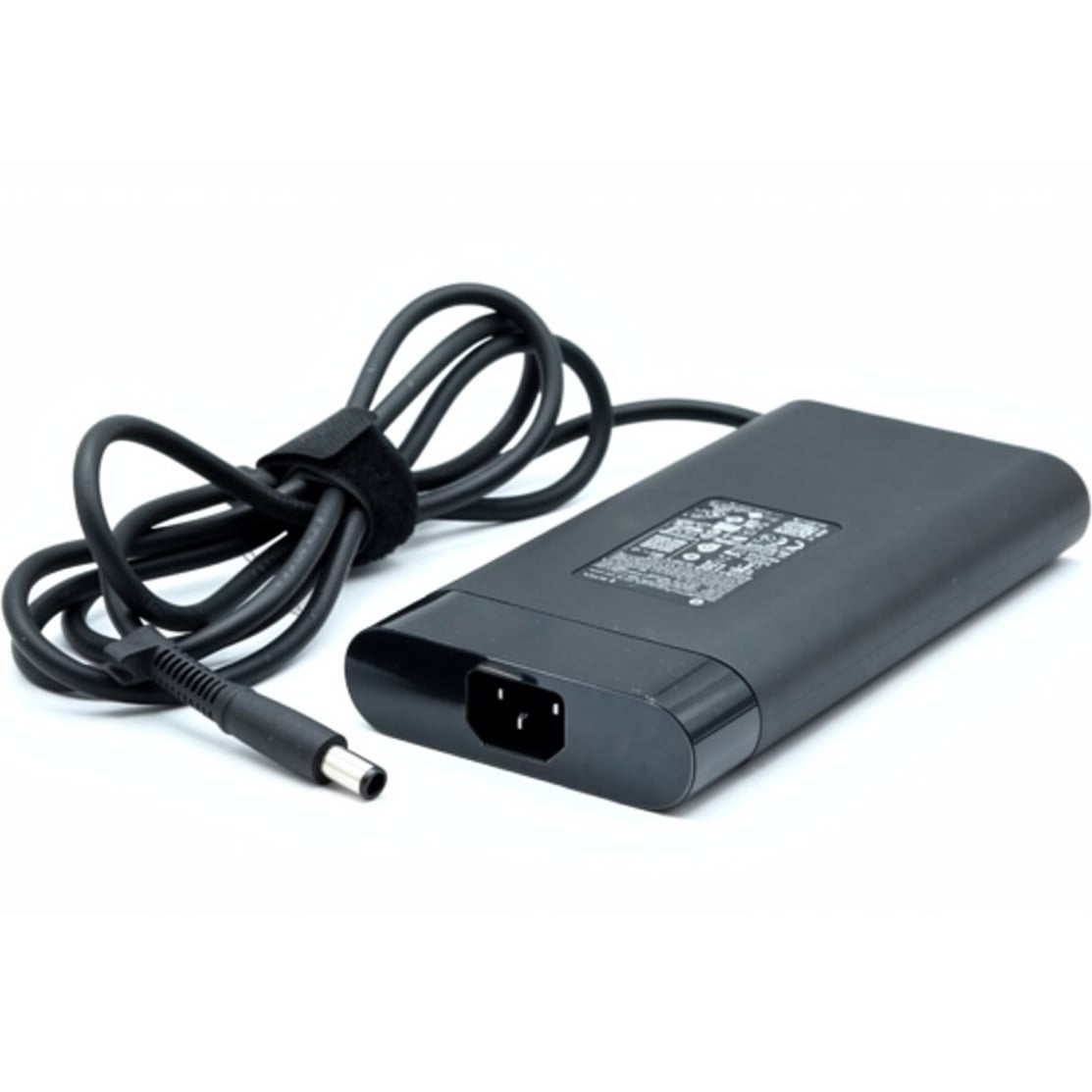 Angled view of the black HP 230W AC power adapter showing its 3-prong C14 power input socket and bundled DC output cable featuring a 7.4x5.0mm barrel connector.