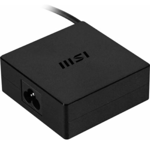 Angled perspective view of the compact black MSI 100W USB-C power adapter brick showing its square housing design, embossed MSI logo on top, and a C5 cloverleaf AC inlet port on the side.