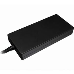 Top perspective view of the matte black Chicony 240W AC power adapter brick highlighting its sleek, heavy-duty casing design and reinforced power cable strain relief.