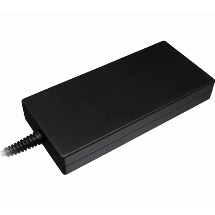 Top perspective view of the matte black Chicony 240W AC power adapter brick highlighting its sleek, heavy-duty casing design and reinforced power cable strain relief.