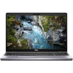 Direct front-facing view of the open silver-grey Dell Precision 3550 workstation laptop showcasing its 15.6-inch FHD screen displaying a nature stream landscape, top webcam with physical privacy shutter, Dell logo on the lower bezel, keyboard deck with numeric keypad, and dual-button touchpad.