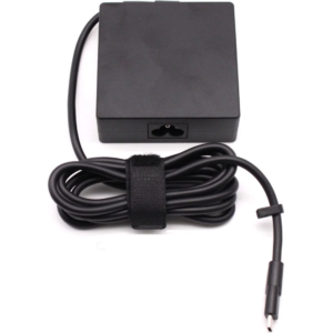 Top-down perspective of the black Delta 140W AC power adapter showing its 3-prong C5 power input socket and integrated USB Type-C cable coiled with a velcro strap.