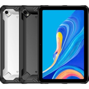 Direct front-and-rear view comparison of the rugged DOOGEE R10 tablet, showing the front 10.4-inch display with blue abstract artwork and thick protective bezel frame alongside the heavy-duty Moonlight Silver and Knight Black rear casing options featuring reinforced corners, exposed screws, and top corner camera module.