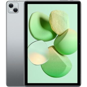 Direct front-and-rear view composition of the DOOGEE Tablet T10, showing the front 10.1-inch display with green organic shape wallpaper and uniform black bezels alongside the smooth grey metallic back panel featuring a dual-ring AI camera module with LED flash in the top-left corner.