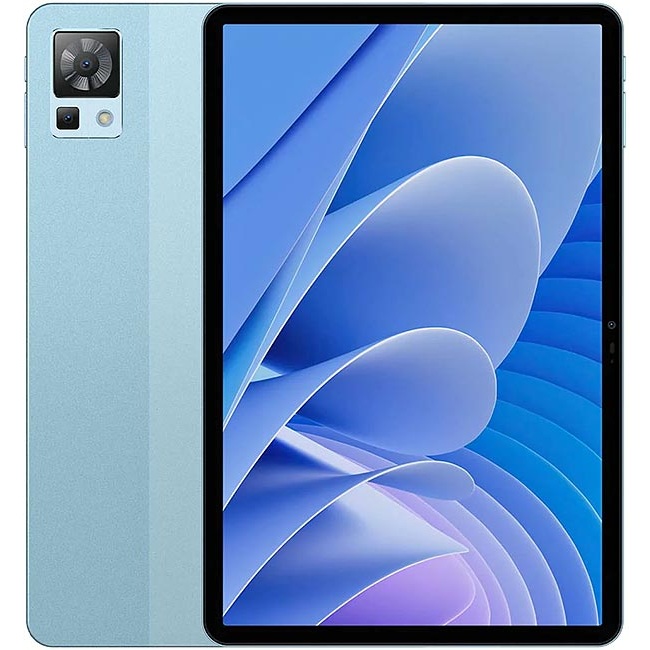 Direct front-and-rear view composition of the DOOGEE Tablet T30 Pro, showing the front 11-inch 2.5K display with layered blue geometric abstract wallpaper and slim black bezels alongside the dual-tone light blue metallic back panel featuring a square rear camera module with a primary lens, secondary sensor, and LED flash in the top-left corner.