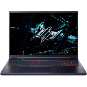 Front-facing straight-on view of the open laptop, highlighting the 18-inch WQXGA 240Hz display, the RGB-backlit keyboard with a numeric keypad, and a centered trackpad.