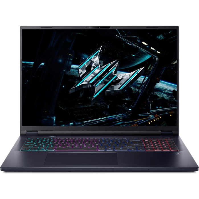 Front-facing straight-on view of the open laptop, highlighting the 18-inch WQXGA 240Hz display, the RGB-backlit keyboard with a numeric keypad, and a centered trackpad.