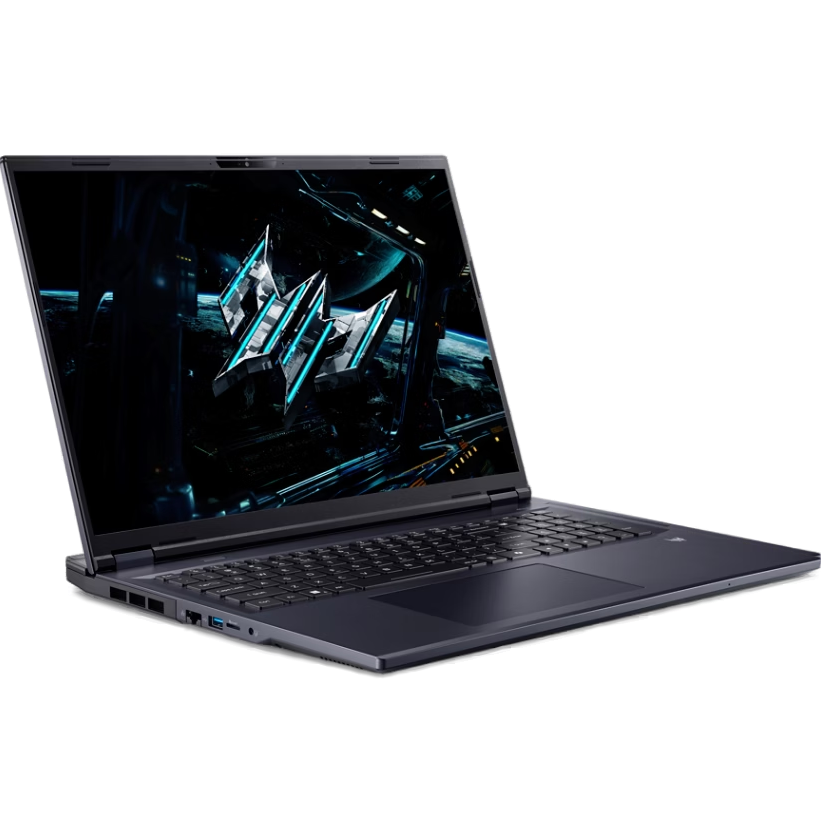 Angled perspective view of the open laptop, showcasing the chassis profile, narrow screen bezels, and the full keyboard deck layout.