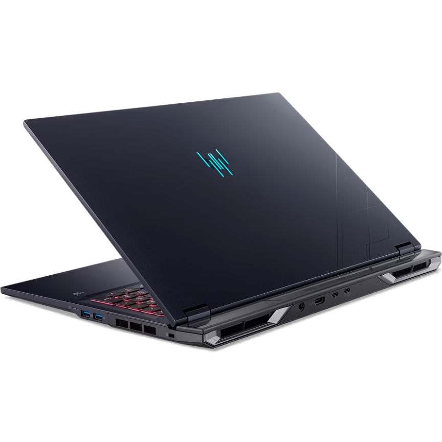 Rear-angled view of the laptop in the closed position, displaying the glowing cyan Predator logo on the lid and the rear-facing I/O and cooling assembly.