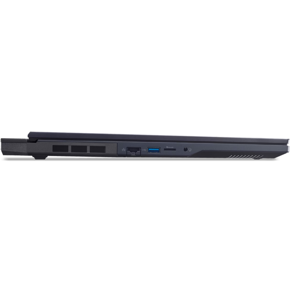 Left-side profile view of the Acer Predator Helios Neo 18, showing the exhaust vent grilles, an RJ-45 Ethernet port, a USB Type-A port, a MicroSD card reader slot, and a 3.5mm audio combo jack.