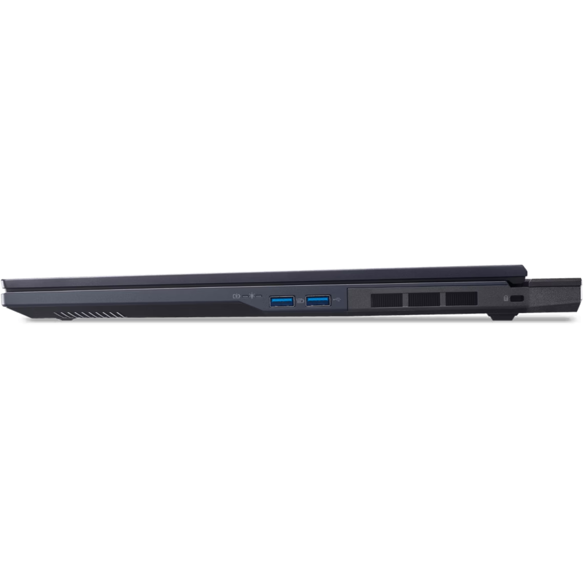 Right-side profile view of the laptop, featuring two USB Type-A ports, status indicator LEDs, exhaust vents, and a Kensington security slot.