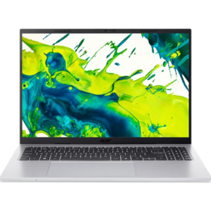 Direct front-facing view of the open silver Acer Aspire Go 16 displaying its 16-inch WUXGA screen with green and blue paint splash artwork, thin side bezels, centered touchpad, and full keyboard layout with Numpad.
