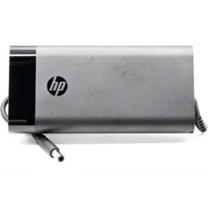 Top-down perspective of the HP 230W power adapter highlighting its sleek dark metallic chassis, embossed HP logo, and attached cable with a 7.4x5.0mm barrel plug.