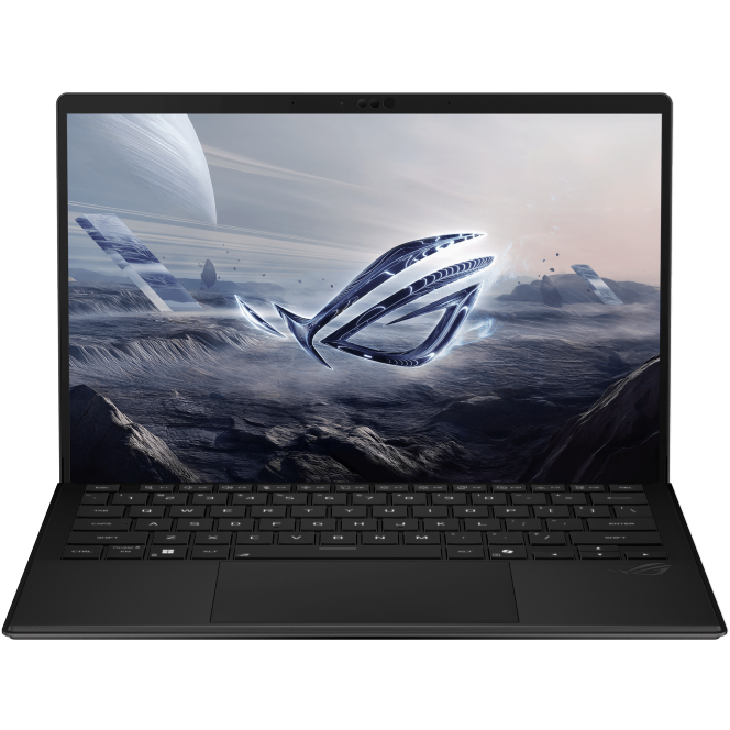 Top-down overhead view of the complete laptop configuration, showcasing the compact keyboard layout, centered trackpad, and the 180Hz touch display.