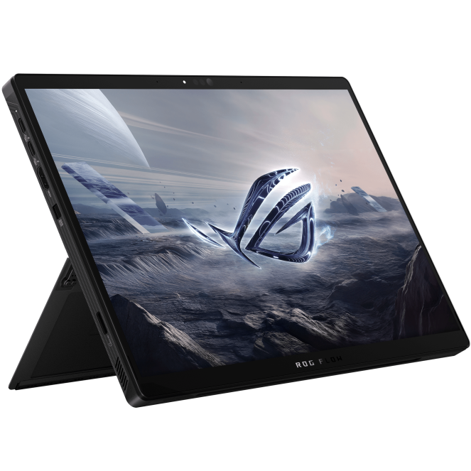 Side-angled perspective view of the tablet resting on its integrated rear kickstand in stand mode without the keyboard.
