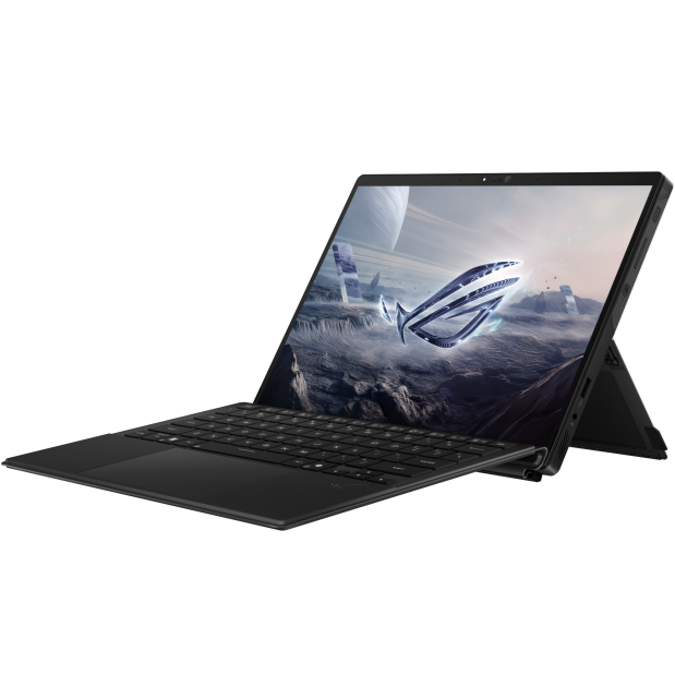 Angled perspective view of the device deployed with its magnetic keyboard folio attached and kickstand extended.