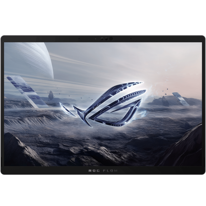 Front-facing view of the standalone 13.4-inch 2.5K touchscreen display displaying the ROG wallpaper, with the top bezel housing the webcam and sensor array.