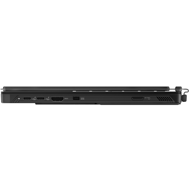 Left-side I/O profile of the Asus ROG Flow Z13, featuring two USB Type-C ports, an HDMI port, a proprietary connector, and a microSD card slot.