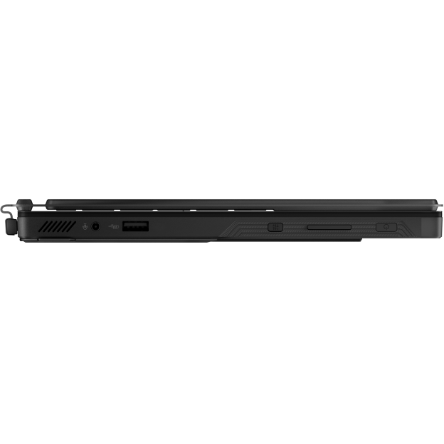 Right-side profile view of the device, showcasing ventilation grilles, an audio jack, a USB Type-A port, status indicator lights, and physical control buttons including the power button.