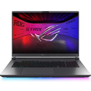 Direct front-facing view of the open ASUS ROG Strix G18 gaming laptop showcasing its sleek dark metallic chassis and immersive edge-to-edge 18-inch screen.
