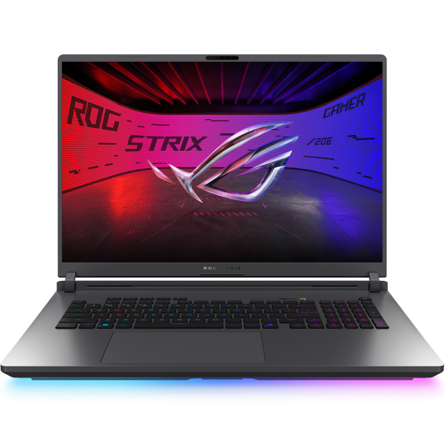 Direct front-facing view of the open ASUS ROG Strix G18 gaming laptop showcasing its sleek dark metallic chassis and immersive edge-to-edge 18-inch screen.