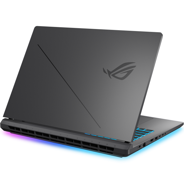 Rear-angled view of the closed ASUS ROG Strix G18 featuring the iconic illuminated ROG logo on the lid, rear cooling assembly, and underglow lighting.