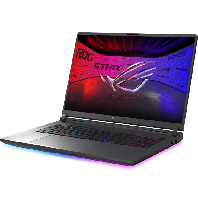 Front-right angled view of the open ASUS ROG Strix G18 gaming laptop showing its 18-inch WQXGA 240Hz display running Windows 11 with custom ROG branding.