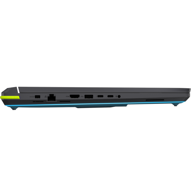 Left profile view of the ASUS ROG Strix G18 highlighting its extensive I/O port selection including the power connector, Ethernet port, HDMI output, Thunderbolt/Type-C ports, and audio jack.