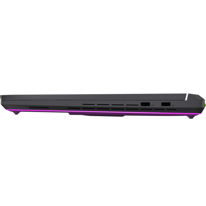 Right profile view of the ASUS ROG Strix G18 gaming laptop showcasing its cooling vents, USB Type-A ports, and vibrant underglow RGB lighting strip.