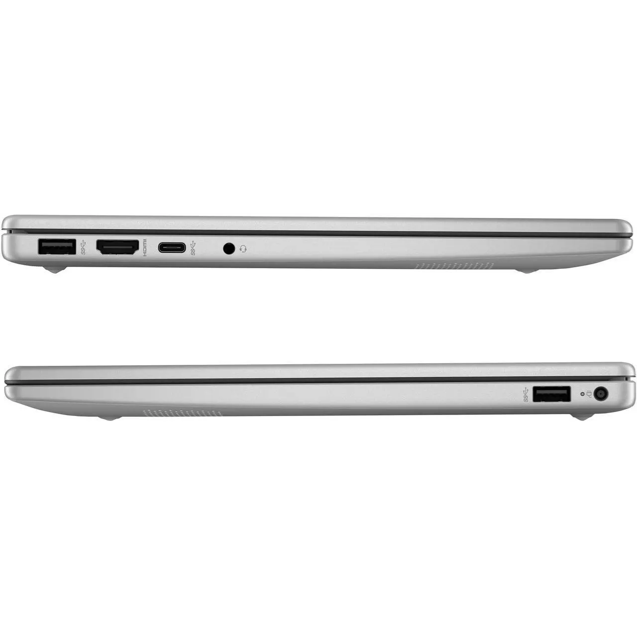 Side profile comparison views showing the left and right I/O ports of the HP 14-EM0085CL, including a USB Type-A port, HDMI output, USB Type-C port, and a headphone/microphone jack on one side, alongside an additional USB Type-A port and power connector on the other.