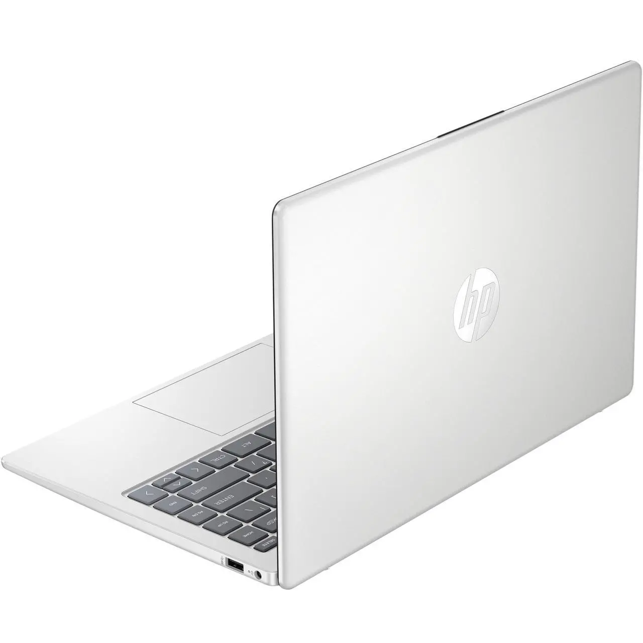 Rear-angled perspective of the closed laptop, highlighting the silver chassis finish and the reflective HP logo centered on the lid.