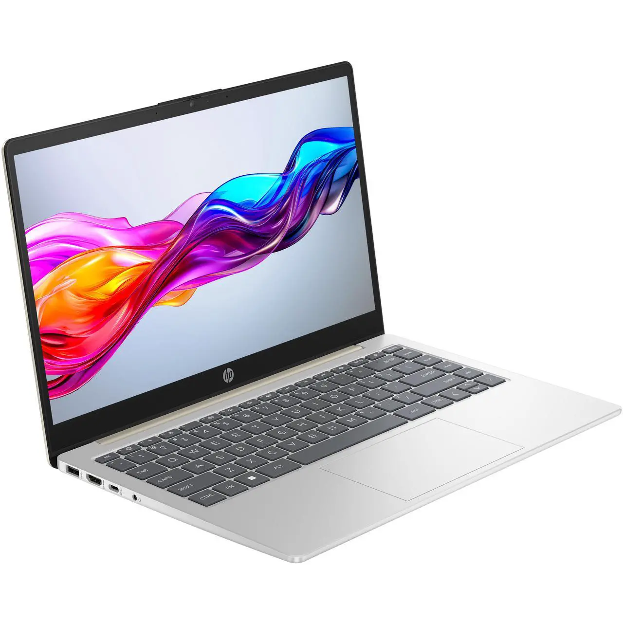 Angled perspective view of the open laptop, displaying the keyboard deck, trackpad, slim display bezels, and the vibrant wallpaper on the 14-inch screen.