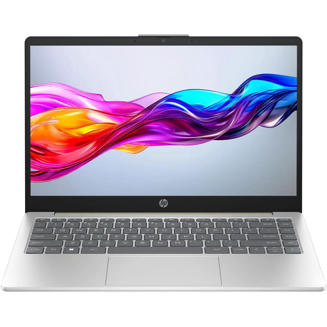 Top-down overhead view of the open laptop, showing the complete layout of the keyboard, centered trackpad, and the integrated webcam at the top bezel.