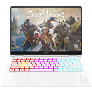 Front-facing view of the open white HP OMEN Transcend 14 laptop highlighting the 2.8K OLED display, trackpad, and compact keyboard layout.