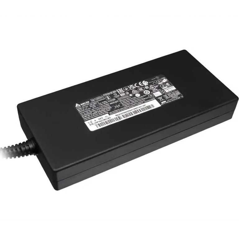Underside specification label view of the black Chicony 240W AC power adapter (Model: ADP-240EB D) displaying 20V/12A electrical output ratings, barcode identification, and regulatory compliance markings.
