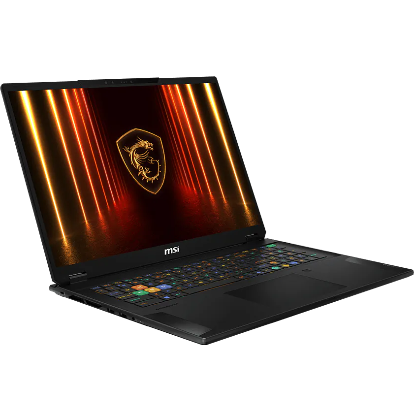 Side-angled perspective of the open laptop, emphasizing the thin profile of the chassis and the immersive display angle.