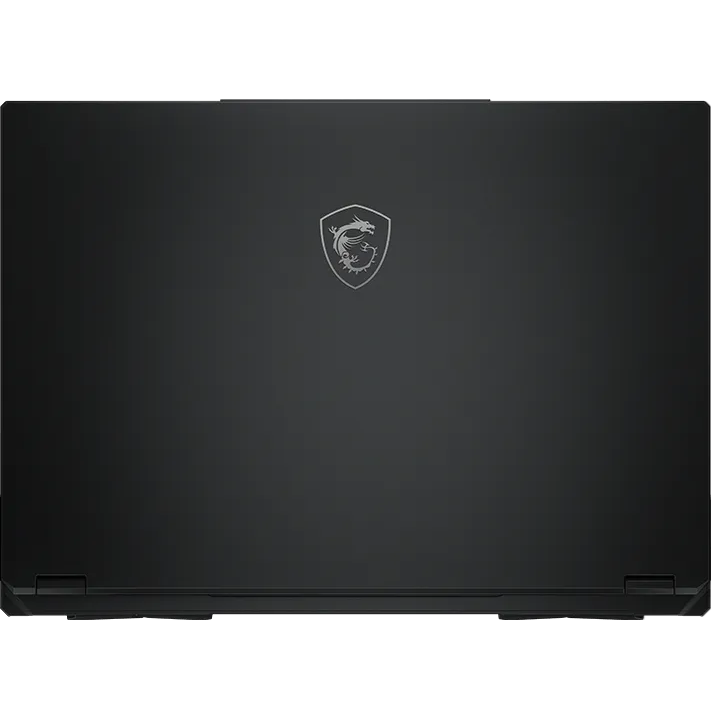 Back view of the open laptop lid, featuring a clean black finish accented by the metallic silver MSI Dragon shield logo centered on the surface.