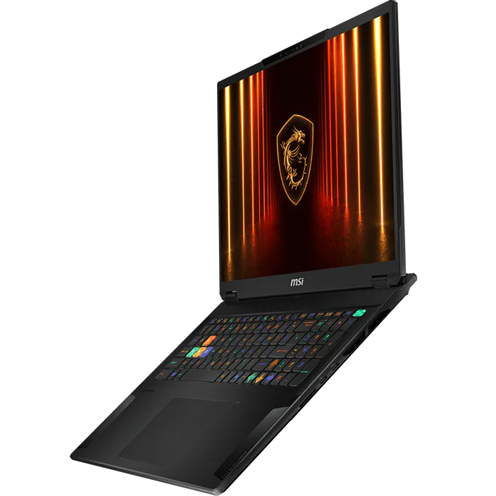 Angled perspective view of the open laptop, showcasing the chassis profile, slim display bezels, and the vibrant QHD+ 240Hz screen displaying the MSI Dragon shield wallpaper.