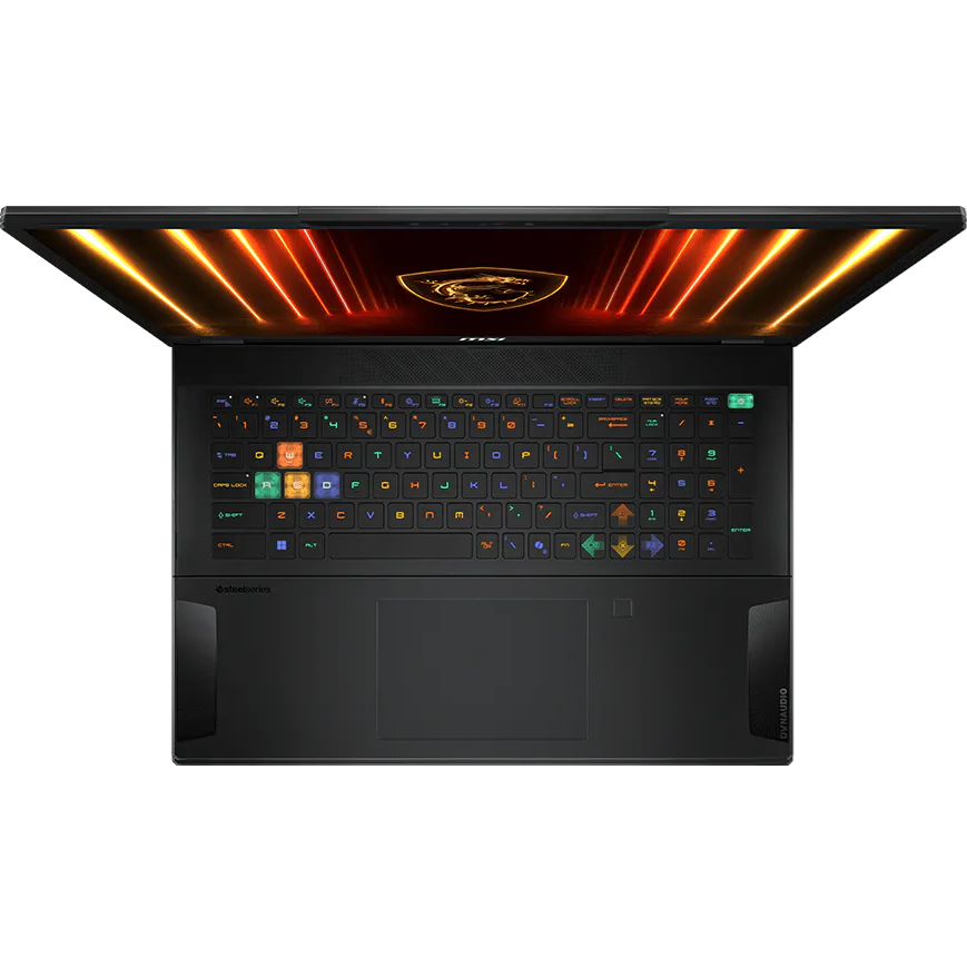 Top-down overhead view of the MSI Stealth A18 AI+, highlighting the full keyboard deck with custom per-key RGB lighting, a centered trackpad, a fingerprint reader, and integrated Dynaudio speaker grilles on the left and right sides of the palm rest.