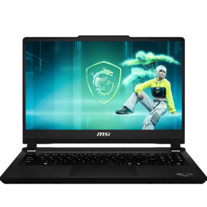 Direct front-facing view of the open MSI Cyborg 15 gaming laptop showcasing its 15.6-inch full HD display with vibrant green gaming background graphics, MSI branding on the lower bezel, keyboard, and trackpad.