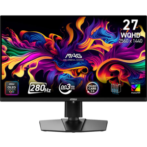 Direct front-facing view of the MSI MAG 271QP X28 26.5-inch QD-OLED gaming monitor mounted on its dark matte stand, showcasing ultra-thin bezels, a centered MSI logo on the bottom chin, and a vibrant multi-colored fluid art wallpaper highlighting key specifications including 27" WQHD (2560 x 1440) resolution, 280Hz refresh rate, 0.03ms GtG response time, OLED Care 2.0, and VESA DisplayHDR certification badges.