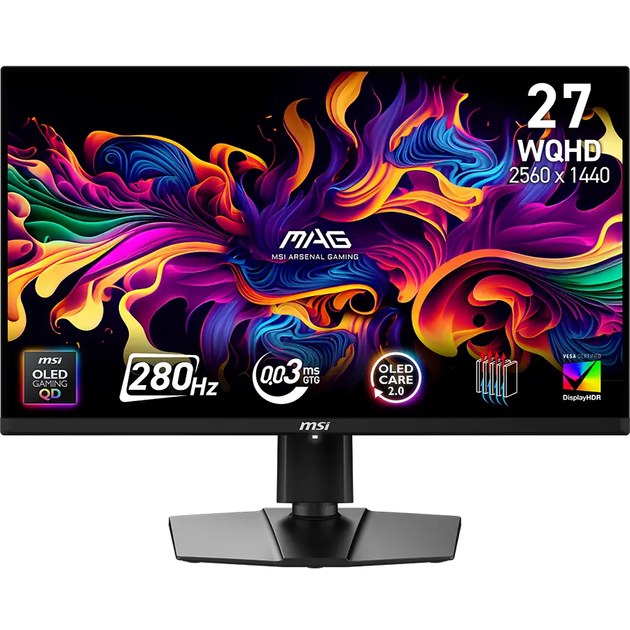 Direct front-facing view of the MSI MAG 271QP X28 26.5-inch QD-OLED gaming monitor mounted on its dark matte stand, showcasing ultra-thin bezels, a centered MSI logo on the bottom chin, and a vibrant multi-colored fluid art wallpaper highlighting key specifications including 27" WQHD (2560 x 1440) resolution, 280Hz refresh rate, 0.03ms GtG response time, OLED Care 2.0, and VESA DisplayHDR certification badges.