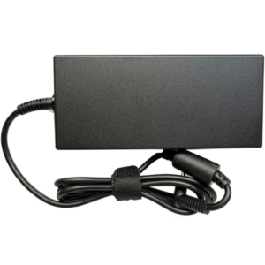 Top-side view of the black AC power brick showcasing the clean, matte rectangular casing surface and the integrated output cable strain relief.