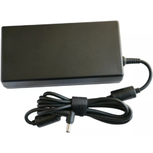 Top-side view of the black AC power adapter showcasing the clean, matte rectangular casing surface and the coiled DC cord secured with a strap.