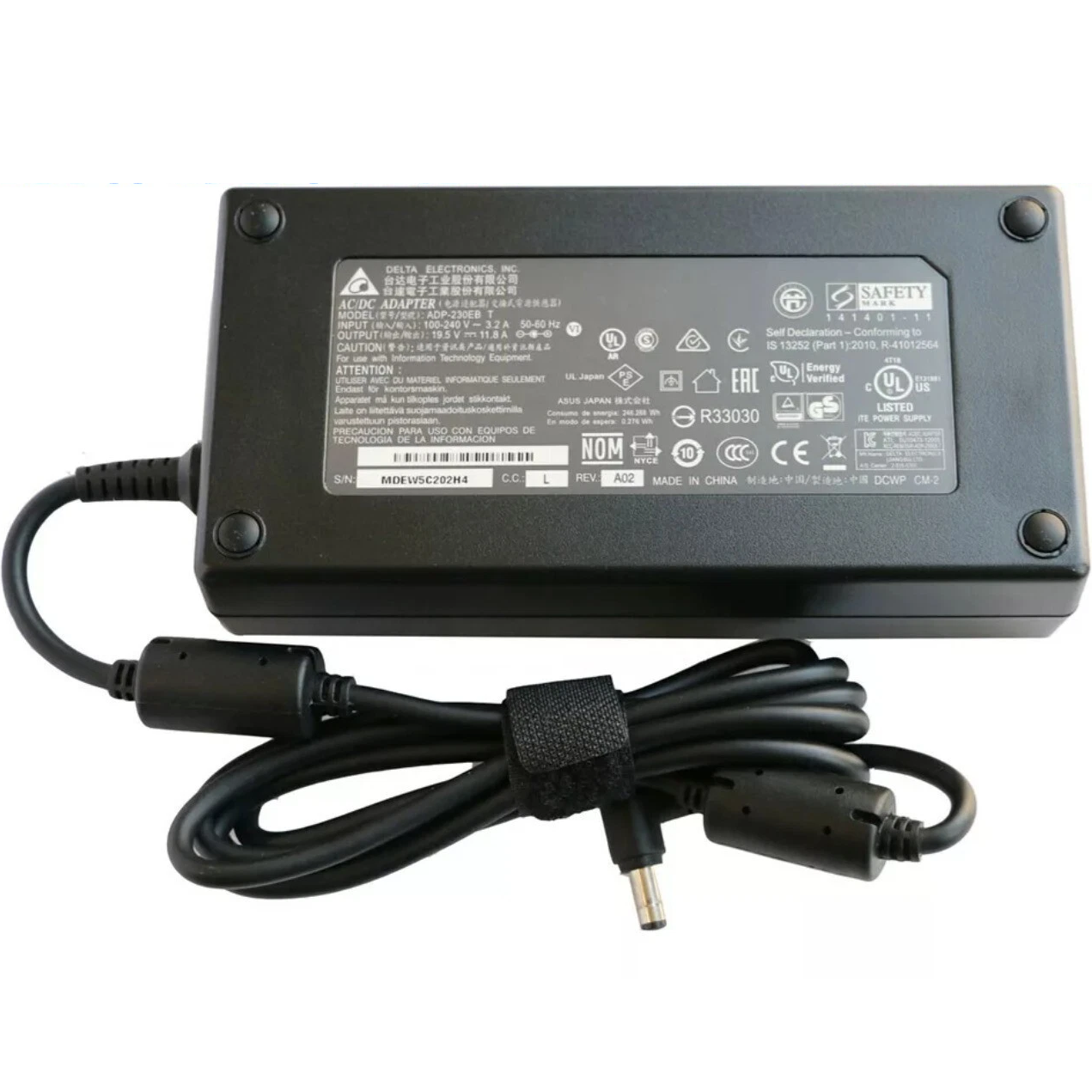 Underside view of the Delta Electronics 230W power brick, displaying the technical specification label with 19.5V and 11.8A output ratings, model number ADP-230EB T, safety marks, and the attached DC output cable with dual ferrite beads and a right-angled barrel connector secured by a hook-and-loop strap.