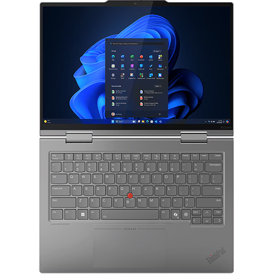 Direct top-down view of the open storm grey Lenovo ThinkPad X1 2-in-1 Gen 10 AURA Edition displaying Windows 11 on its 14-inch WUXGA touchscreen display, red TrackPoint point stick, 360-degree dual hinges, and wide trackpad.