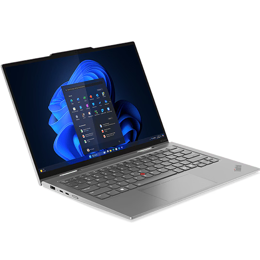 Front-left angled perspective of the open storm grey Lenovo ThinkPad X1 2-in-1 Gen 10 AURA Edition highlighting its left-side port selection (USB Type-A, two Thunderbolt/USB Type-C ports, and power button), trackpad placement, and WUXGA touchscreen display.