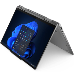 Tent mode view of the storm grey Lenovo ThinkPad X1 2-in-1 Gen 10 AURA Edition folded on its 360-degree hinges, displaying Windows 11 on the 14-inch WUXGA touchscreen screen with visible side profiles.